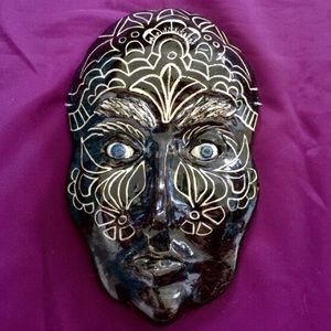 Dark Goddess mask ceramic sculpted black, white & blue (eyes) hand carved